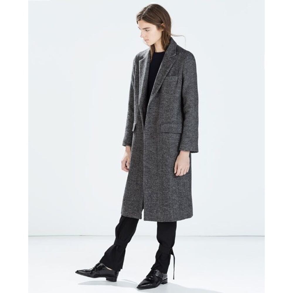 Zara | Heavy Full Length Trench Wool Blend Dark Heather Gray Matted Coat Sz L